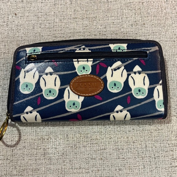 Fossil Owl Print Purse Tote Bag and Wallet Set Blue Brown Leather Trim - Picture 8 of 11